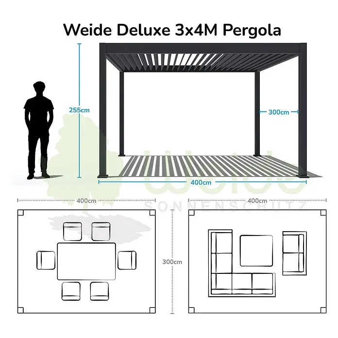 Weide Pergola Deluxe mit Verbindungskit Zwei Pergolen L-Form Aluminium 3 x 6 m Weiß - B x T: 600 x 300 cm, Farbe Gestell: Weiß, Aluminium - Dunkelgraue 3x4m Lamellenpergola mit Maßen, Person zur Skalierung und Grundrissen für Möbel.