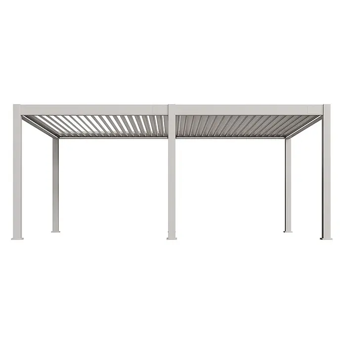 Weide Pergola E-Deluxe Plus Elektrisch freistehend 4 x 8 m Ivory-Sand - B x T: 800 x 400 cm, Farbe Gestell: Sandpapier FinishIvory Sand / RAL Farbcode 7024, Aluminium - Hellgraue Aluminium-Pergola mit verstellbarem Lamellendach.