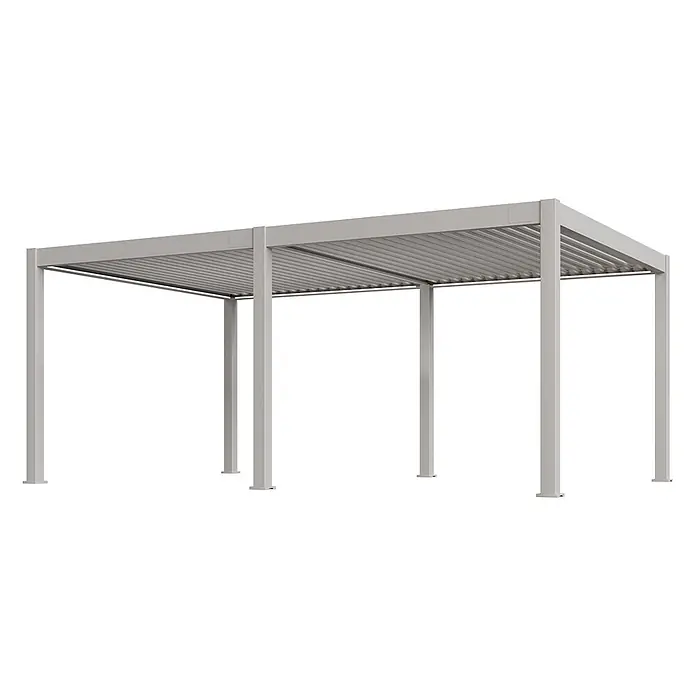 Weide Pergola E-Deluxe Plus Elektrisch freistehend 4 x 8 m Ivory-Sand - B x T: 800 x 400 cm, Farbe Gestell: Sandpapier FinishIvory Sand / RAL Farbcode 7024, Aluminium - Hellgraue Metall-Pergola mit verstellbarem Lamellendach und sechs Stützpfosten.
