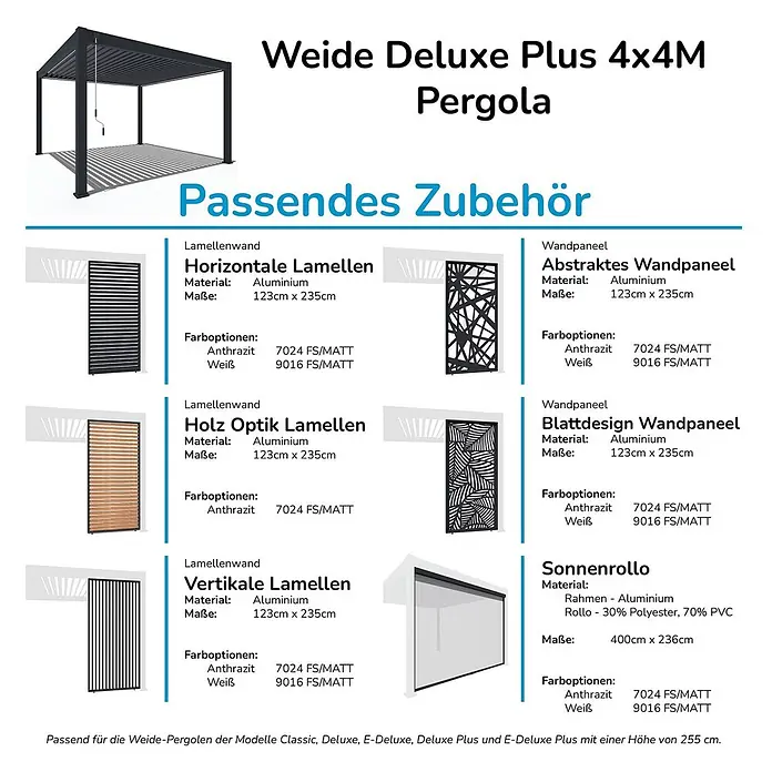 Weide Pergola Deluxe Pavillon Terrassenüberdachung Aluminium 3 x 4 M weiß - B x T: 400 x 300 cm, Farbe Gestell: Weiß, Metall - Produktkatalog mit einer dunkelgrauen Aluminium-Pergola, dazu passende Seitenwände (Lamellen, Dekorplatten) und ein Sonnenrollo in verschiedenen Farben.