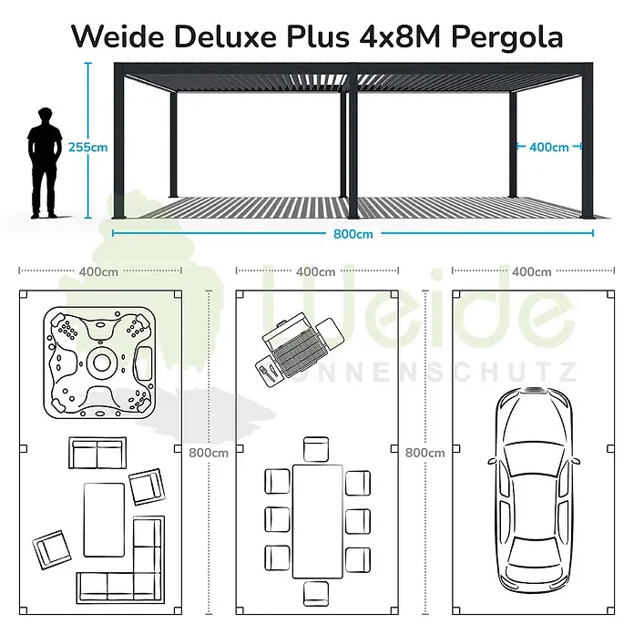 Weide Pergola E-Deluxe Plus Elektrisch freistehend Aluminium 4 x 8 m Weiß - B x T: 800 x 400 cm, Farbe Gestell: Sandpapier FinishWeiss / RAL Farbcode 9016, Aluminium - Dunkelgraue 4x8m Lamellenpergola (H 255cm) mit Maßangaben und Beispielen für Nutzung als Terrasse, Essbereich oder Carport.
