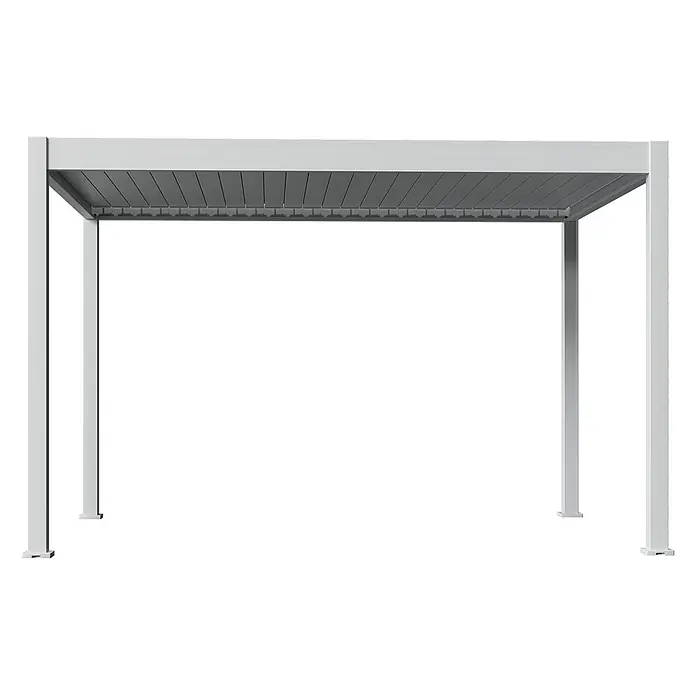 Weide Pergola E-Deluxe Plus Elektrisch freistehend Aluminium 3 x 4 m Weiß - B x T: 400 x 300 cm, Farbe Gestell: Sandpapier FinishWeiss / RAL Farbcode 9016, Aluminium - Silberne Metall-Pergola mit verstellbaren Lamellendachpaneelen für Schatten im Freien.