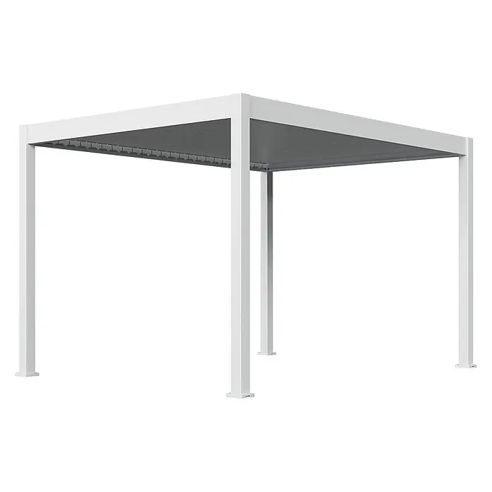 Weide Pergola E-Deluxe Plus Elektrisch freistehend Aluminium 3 x 4 m Weiß - B x T: 400 x 300 cm, Farbe Gestell: Sandpapier FinishWeiss / RAL Farbcode 9016, Aluminium - Weiße Pergola mit grauem Lamellendach. Modernes, verstellbares Design für den Außenbereich.