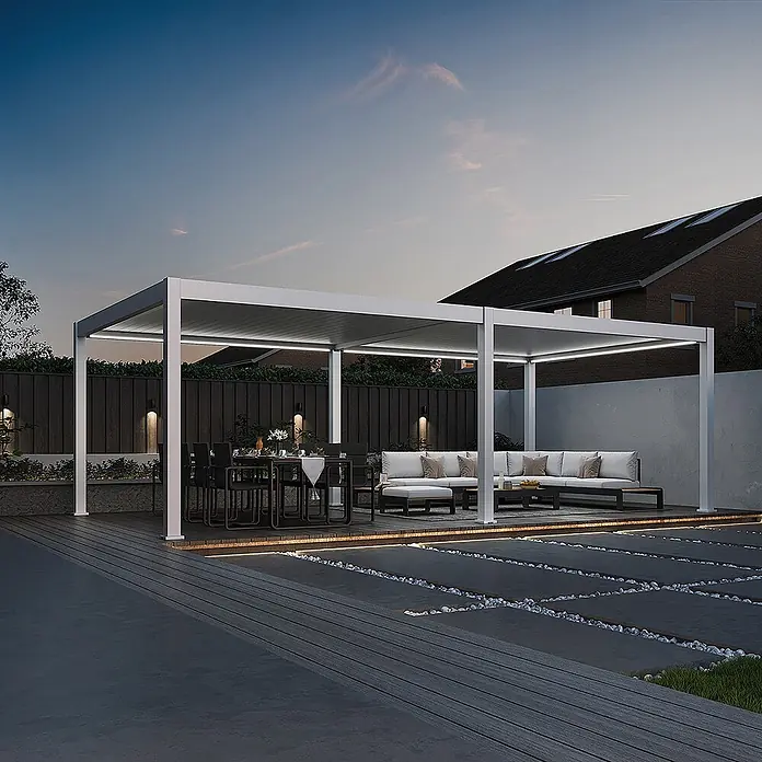 Weide Pergola E-Deluxe Plus Elektrisch freistehend Aluminium 4 x 8 m Weiß - B x T: 800 x 400 cm, Farbe Gestell: Sandpapier FinishWeiss / RAL Farbcode 9016, Aluminium - Moderne weiße Aluminium-Pergola mit integrierten LED-Leuchten, stilvoller Schutz für Ess- und Lounge-Bereich im Freien.