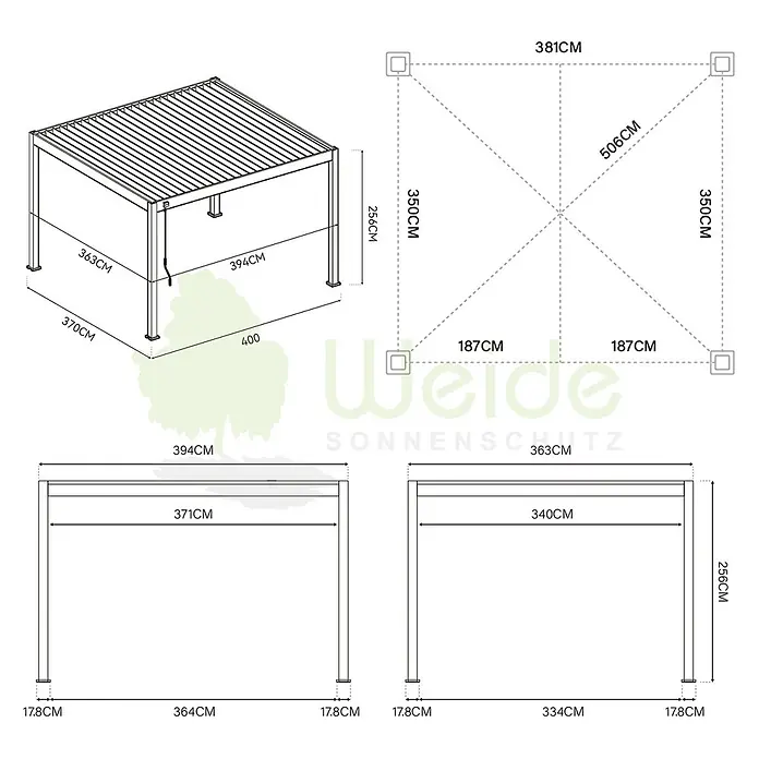 Weide Pergola E-Deluxe Elektrisch freistehend Aluminium 3,6 x 4 m Weiß - B x T: 400 x 360 cm, Farbe Gestell: Sandpapier FinishWeiss / RAL Farbcode 9016, Aluminium - Technisches Diagramm einer modernen, rechteckigen Pergola mit Lamellendach, mit Maßen aus verschiedenen Ansichten.