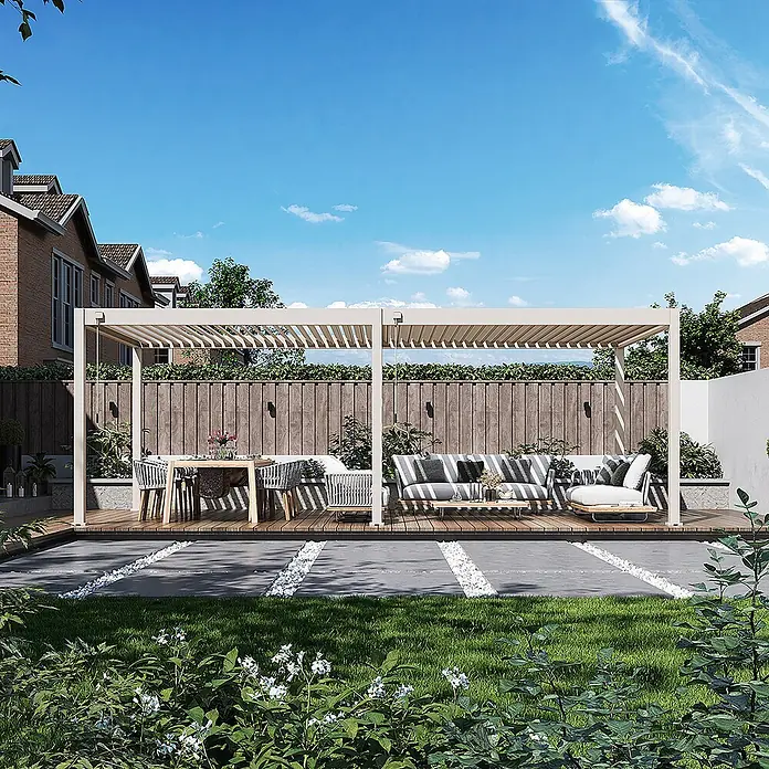 Weide Pergola Deluxe freistehend Aluminium 3,6 x 7,2 m Ivory-Sand - B x T: 720 x 360 cm, Farbe Gestell: Sandpapier FinishIvory Sand / RAL Farbcode 7024, Aluminium - Hellfarbige Pergola spendet Schatten über Ess- und Lounge-Bereich im Garten.