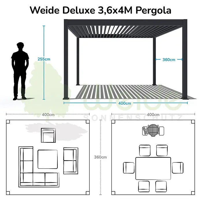 Weide Pergola E-Deluxe Elektrisch freistehend Aluminium 3,6 x 4 m Weiß - B x T: 400 x 360 cm, Farbe Gestell: Sandpapier FinishWeiss / RAL Farbcode 9016, Aluminium - Dunkelgraue Weide Deluxe Lamellen-Pergola, 360x400cm Grundfläche, 255cm hoch. Mit Möbelbeispielen für die Nutzung.