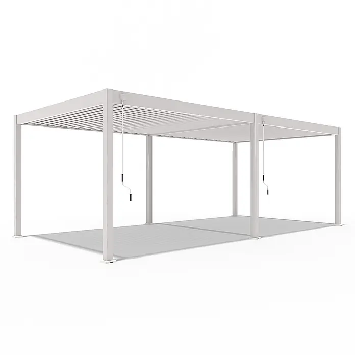 Weide Pergola Deluxe freistehend Aluminium 3,6 x 7,2 m Ivory-Sand - B x T: 720 x 360 cm, Farbe Gestell: Sandpapier FinishIvory Sand / RAL Farbcode 7024, Aluminium - Weiße Metallpergola mit verstellbaren Lamellendachlatten und zwei manuellen Kurbelgriffen.