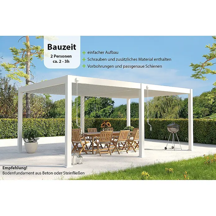 Weide Pergola Deluxe Plus freistehend 4 x 6 m Weiß Aluminium - Farbe Gestell: Sandpapier FinishWeiss / RAL Farbcode 9016, Aluminium - Weiße Metall-Pergola mit verstellbarem Lamellendach, auf einer Terrasse mit Gartenmöbeln.