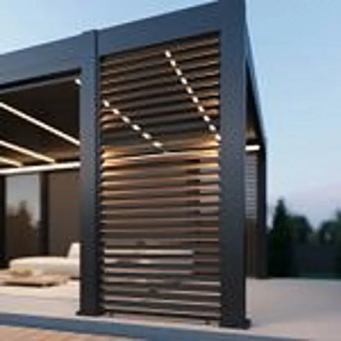 Weide Pergola Prestige freistehend 3,6 x 6,7 m Anthrazit Aluminium - B x T: 670 x 360 cm, Farbe Gestell: Sandpapier FinishAnthrazit / RAL Farbcode 7024, Aluminium - Moderne dunkle Aluminium-Pergola mit Lamellenwänden und integrierter LED-Beleuchtung für den Außenbereich.