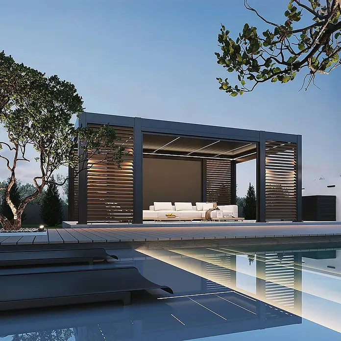 Weide Pergola Prestige freistehend 3,6 x 6,7 m Anthrazit Aluminium - B x T: 670 x 360 cm, Farbe Gestell: Sandpapier FinishAnthrazit / RAL Farbcode 7024, Aluminium - Moderne anthrazitfarbene Pergola mit Holzlamellen und integrierter Beleuchtung, schafft einen stilvollen Außenwohnbereich am Pool.
