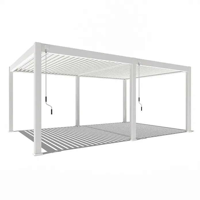 Weide Pergola Deluxe Plus freistehend 4 x 6 m Weiß Aluminium - Farbe Gestell: Sandpapier FinishWeiss / RAL Farbcode 9016, Aluminium - Weiße Metallpergola mit verstellbaren Lamellendachlatten, bedient durch zwei Kurbelgriffe.