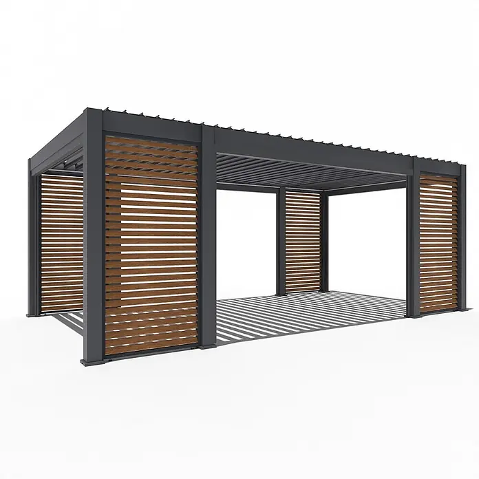 Weide Pergola Prestige freistehend 3,6 x 6,7 m Anthrazit Aluminium - B x T: 670 x 360 cm, Farbe Gestell: Sandpapier FinishAnthrazit / RAL Farbcode 7024, Aluminium - Moderne dunkelgraue Pergola mit Seitenwänden aus Holzlamellen und einem Lamellendach, die gestreifte Schatten wirft.