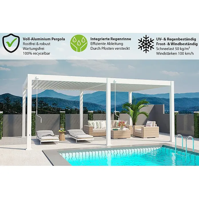 Weide Pergola Deluxe Plus freistehend 4 x 6 m Weiß Aluminium - Farbe Gestell: Sandpapier FinishWeiss / RAL Farbcode 9016, Aluminium - Weiße Aluminium-Pergola spendet Schatten über einer Außenterrasse mit Sitzbereich und Swimmingpool.