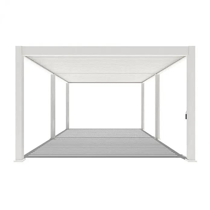 Weide Pergola Deluxe Plus freistehend 4 x 6 m Weiß Aluminium - Farbe Gestell: Sandpapier FinishWeiss / RAL Farbcode 9016, Aluminium - Weiße Pergola mit Lamellendach, die deutliche parallele Schatten wirft.