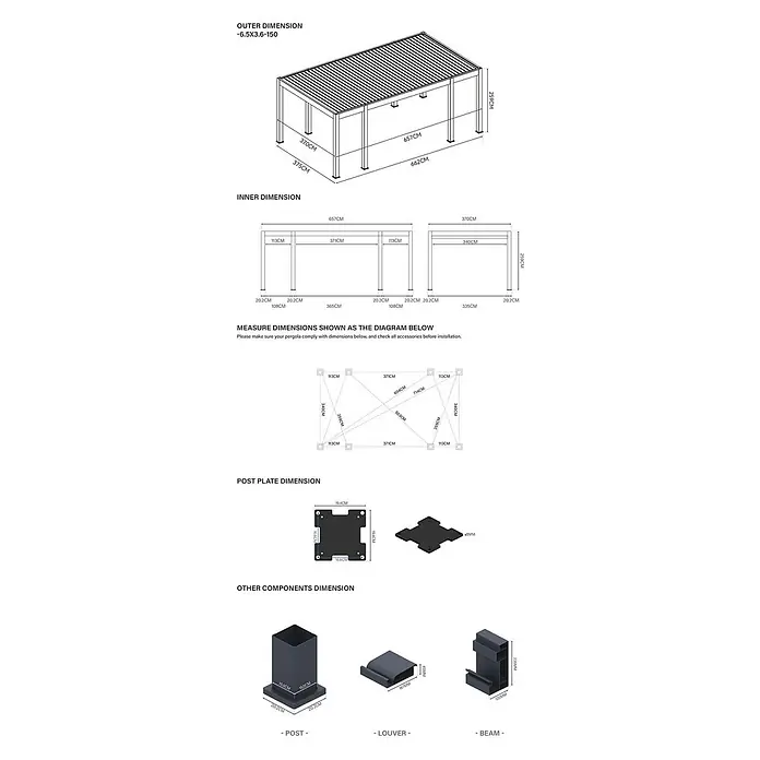 Weide Pergola Prestige freistehend 3,6 x 6,7 m Anthrazit Aluminium - B x T: 670 x 360 cm, Farbe Gestell: Sandpapier FinishAnthrazit / RAL Farbcode 7024, Aluminium - Technische Zeichnungen einer dunkelgrauen/schwarzen Pergola mit Gesamtmaßen, Innenmaßen und Details zu Pfosten, Lamellen und Trägern.