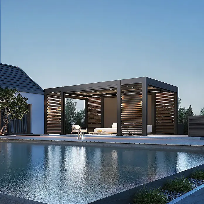 Weide Pergola Prestige freistehend 3,6 x 6,7 m Anthrazit Aluminium - B x T: 670 x 360 cm, Farbe Gestell: Sandpapier FinishAnthrazit / RAL Farbcode 7024, Aluminium - Moderne dunkelgraue Pergola mit Lamellen-Seitenwänden und integrierter Beleuchtung, schafft einen stilvollen Wohnbereich am Pool.