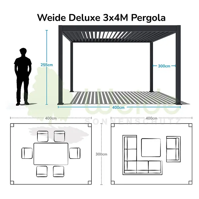 Weide Pergola E-Deluxe Elektrisch freistehend Aluminium 3 x 4 m Ivory-Sand - B x T: 400 x 300 cm, Farbe Gestell: Sandpapier FinishIvory Sand / RAL Farbcode 7024, Aluminium - Dunkelgraue Lamellenpergola, 400x300x255cm. Zeigt Platz für Esstisch mit Stühlen oder Lounge-Möbel.