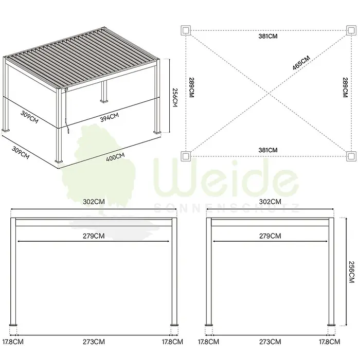Weide Pergola Deluxe mit Verbindungskit Zwei Pergolen L-Form Aluminium 3 x 6 m Weiß - B x T: 600 x 300 cm, Farbe Gestell: Weiß, Aluminium - Detaillierte Maße einer grauen Outdoor-Pergola mit Lamellendach. Abmessungen umfassen Breite, Tiefe und Höhe aus verschiedenen Blickwinkeln.