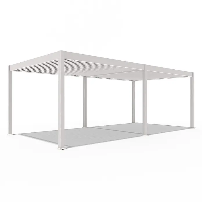 Weide Pergola E-Deluxe Elektrisch freistehend Aluminium 3,6 x 7,2 m Ivory-Sand - B x T: 720 x 360 cm, Farbe Gestell: Sandpapier FinishIvory Sand / RAL Farbcode 7024, Aluminium - Weiße rechteckige Aluminium-Pergola mit verstellbarem Lamellendach.