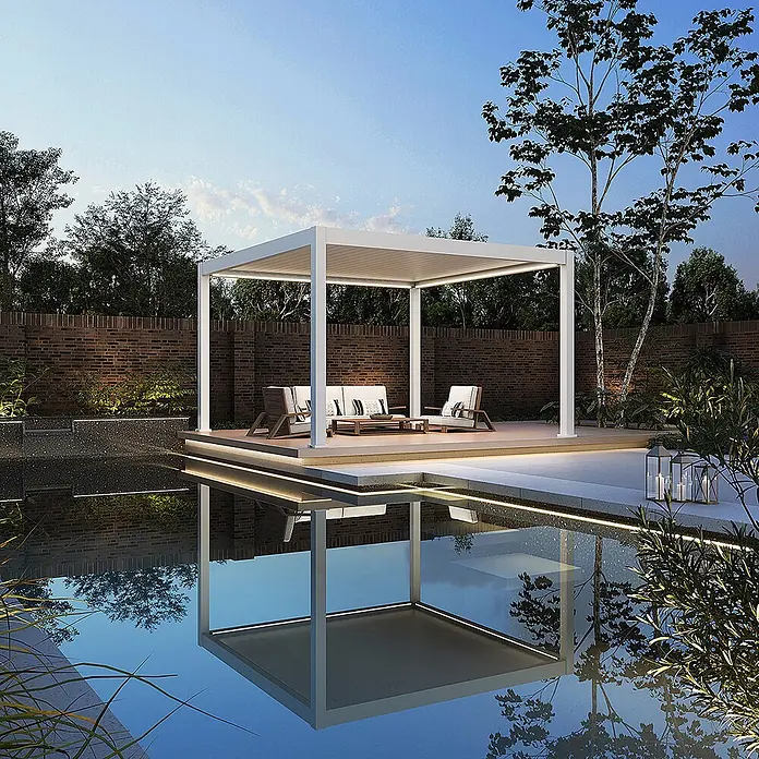 Weide Pergola E-Deluxe Plus Elektrisch freistehend Aluminium 4 x 4 m Weiß - B x T: 400 x 400 cm, Farbe Gestell: Sandpapier FinishWeiss / RAL Farbcode 9016, Aluminium - Weiße moderne Pergola mit integrierter Beleuchtung schafft luxuriösen Außenwohnbereich am Pool.