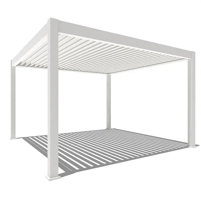Weide Pergola E-Deluxe Plus Elektrisch freistehend Aluminium 4 x 4 m Weiß - B x T: 400 x 400 cm, Farbe Gestell: Sandpapier FinishWeiss / RAL Farbcode 9016, Aluminium - Weiße Aluminium-Pergola mit verstellbarem Lamellendach, wirft Streifenschatten.