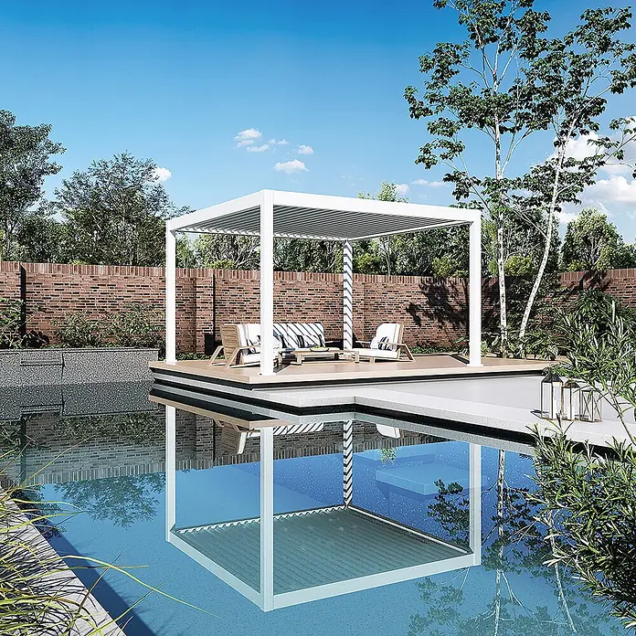 Weide Pergola E-Deluxe Plus Elektrisch freistehend Aluminium 4 x 4 m Weiß - B x T: 400 x 400 cm, Farbe Gestell: Sandpapier FinishWeiss / RAL Farbcode 9016, Aluminium - Weiße Metallpergola mit verstellbarem Lamellendach auf Holzdeck am Pool, spendet Schatten.