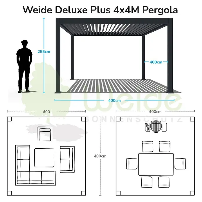 Weide Pergola E-Deluxe Plus Elektrisch freistehend Aluminium 4 x 4 m Weiß - B x T: 400 x 400 cm, Farbe Gestell: Sandpapier FinishWeiss / RAL Farbcode 9016, Aluminium - Dunkelgraue Weide Deluxe Plus 4x4M Pergola mit Lamellendach. Zeigt Maße (400x400x255cm) und Beispielmöblierung.