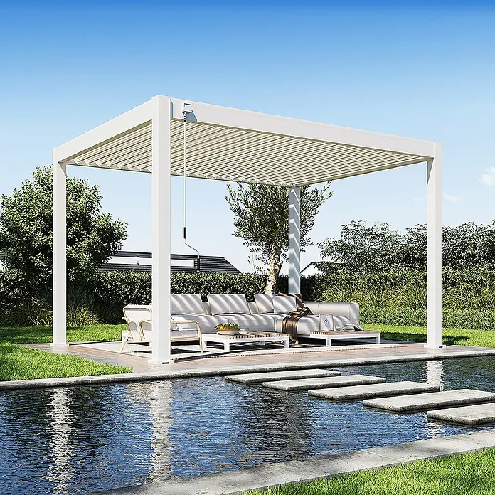 Weide Pergola Deluxe Plus Voll-Aluminium Pergola 3 x 4 M Weiß - B x T: 400 x 300 cm, Farbe Gestell: Sandpapier FinishWeiss / RAL Farbcode 9016, Aluminium - Weiße bioklimatische Pergola mit verstellbarem Lamellendach über einem Outdoor-Loungebereich am Pool.