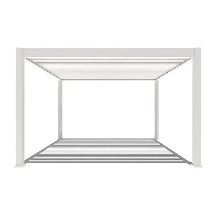 Weide Pergola E-Deluxe Plus Elektrisch freistehend Aluminium 4 x 4 m Weiß - B x T: 400 x 400 cm, Farbe Gestell: Sandpapier FinishWeiss / RAL Farbcode 9016, Aluminium - Weiße moderne Pergola mit Lamellendach.