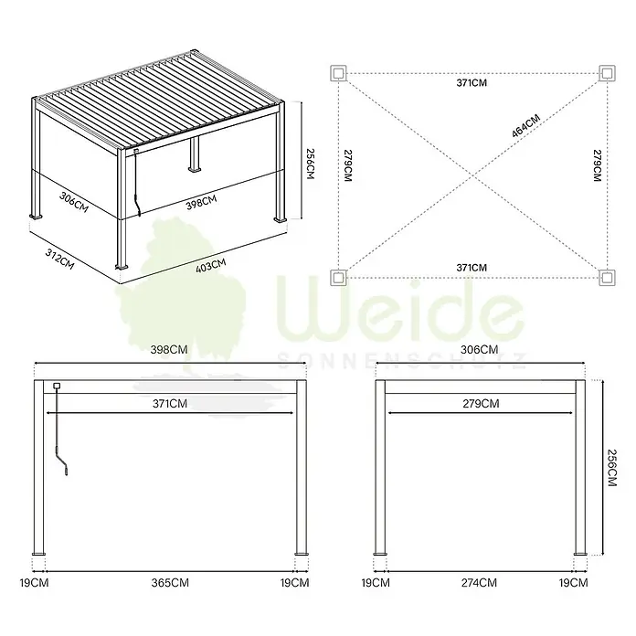 Weide Pergola Deluxe Plus freistehend Aluminium 3 x 4 m Anthrazit - B x T: 400 x 300 cm, Farbe Gestell: Sandpapier FinishAnthrazit / RAL Farbcode 7024, Aluminium - Technische Zeichnung einer rechteckigen Pergola mit Lamellendach, detaillierte Maße für Länge, Breite, Höhe und interne Abmessungen.