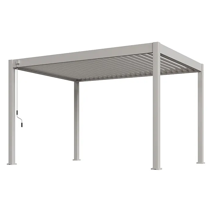 Weide Pergola Deluxe Plus freistehend Aluminium 3 x 4 m Ivory-Sand - B x T: 400 x 300 cm, Farbe Gestell: Sandpapier FinishIvory Sand / RAL Farbcode 7024, Aluminium - Hellgraue Lamellen-Pergola aus Metall mit verstellbaren Dachlamellen und Handkurbel.