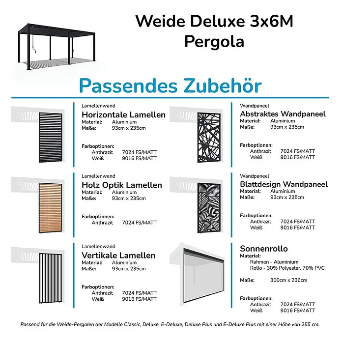 Weide Pergola WE-F-D-3060-ANT - B x T: 600 x 300 cm, Farbe Gestell: Graphitgrau, Metall - Pergola-Zubehör: Horizontale, Holzoptik- und vertikale Lamellenwände, abstrakte und Blattdesign-Wandpaneele, Sonnenrollo. Aluminium, meist Anthrazit/Weiß.