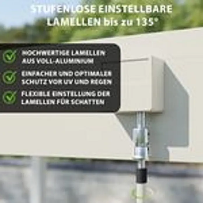 Weide Pergola Deluxe freistehend Aluminium 3,6 x 7,2 m Ivory-Sand - B x T: 720 x 360 cm, Farbe Gestell: Sandpapier FinishIvory Sand / RAL Farbcode 7024, Aluminium - Nahaufnahme einer beigefarbenen Aluminiumlamelle einer Pergola, mit sichtbarem Verstellmechanismus für Schatten und Schutz.