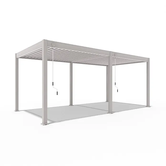 Weide Pergola Deluxe freistehend 3 x 6 m Ivory-Sand Aluminium - B x T: 600 x 300 cm, Farbe Gestell: Sandpapier FinishIvory Sand / RAL Farbcode 7024, Aluminium - Helle graue Aluminium-Pergola mit verstellbarem Lamellendach und manuellem Kurbelantrieb.