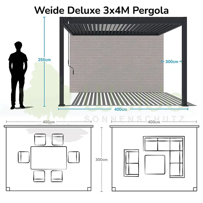 Weide Pergola Deluxe für Wandmontage 3 x 4 m Ivory-Sand Aluminium - B x T: 400 x 300 cm, Farbe Gestell: Sandpapier FinishIvory Sand / RAL Farbcode 7024, Aluminium - Dunkelgraue Weide Deluxe 3x4M Pergola mit verstellbaren Lamellen, zeigt Maße (255x300x400cm) und Möblierungsbeispiele.
