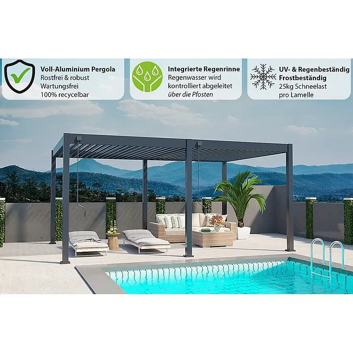 Weide Pergola WE-F-D-3060-C-3030-ANT-KIT-30 - B x T: 600 x 600 cm, Farbe Gestell: Graphitgrau, Metall - Dunkelgraue Aluminium-Pergola über einer Poolterrasse mit Loungemöbeln. Robust und mit integrierter Entwässerung.