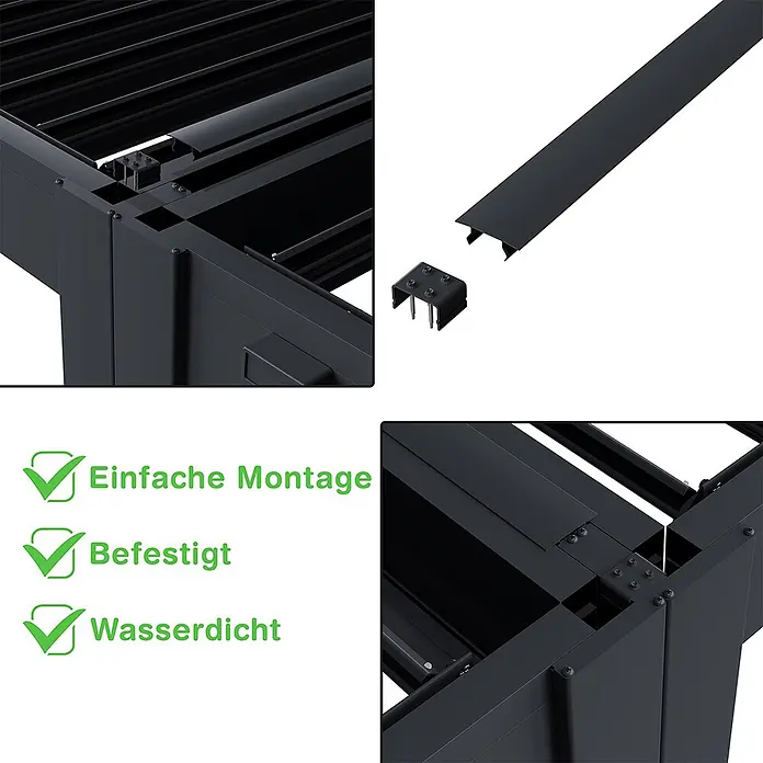 Weide Pergola Deluxe mit Classic Lamellendach Aluminium 6 x 6 M Weiß - B x T: 600 x 600 cm, Farbe Gestell: Weiß, Metall - Details schwarzer Metallrahmenstruktur mit Montagepunkten, Verbindungsteilen und Profilen. Hebt einfache Montage, sichere Befestigung und Wasserdichtigkeit hervor.