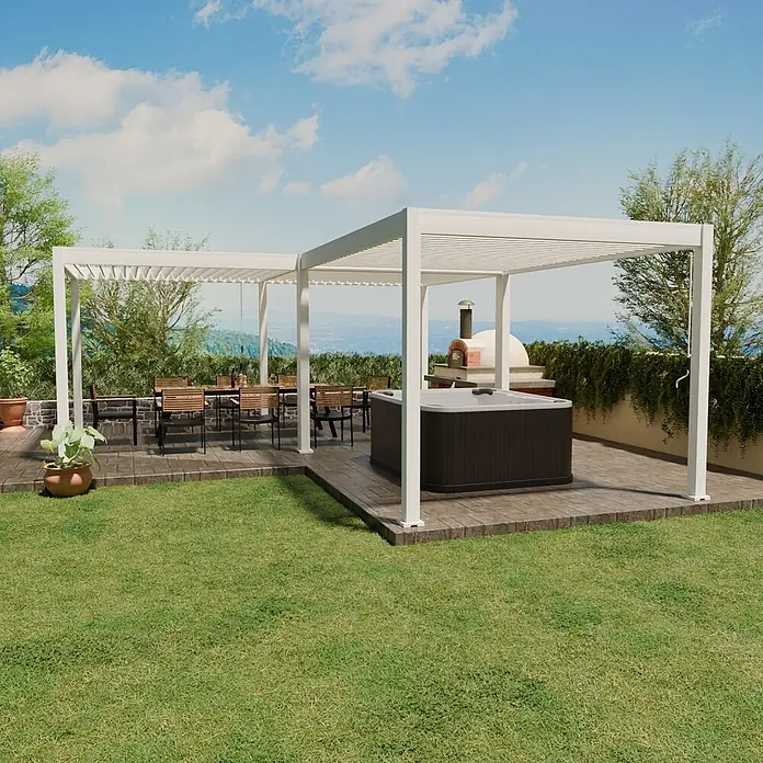Weide Pergola Deluxe mit Verbindungskit Zwei Pergolen L-Form Aluminium 3 x 6 m Weiß - B x T: 600 x 300 cm, Farbe Gestell: Weiß, Aluminium - Weißes Pergola-System über einem Essbereich und Whirlpool im Garten.