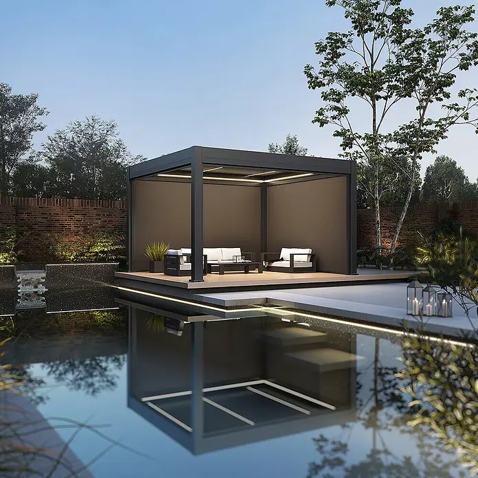 Weide Pergola Prestige freistehend Aluminium 3,6 x 4 m Anthrazit - B x T: 400 x 360 cm, Farbe Gestell: Sandpapier FinishAnthrazit / RAL Farbcode 7024, Aluminium - Dunkelgraue moderne Pergola mit integrierter Beleuchtung, bietet eine stilvolle Outdoor-Lounge am Pool.