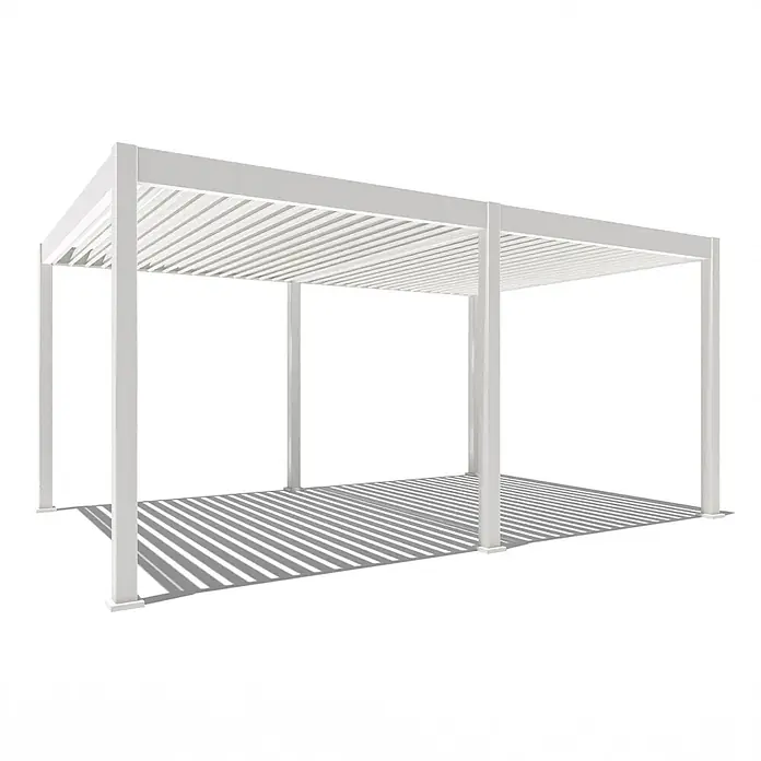 Weide Pergola E-Deluxe Elektrisch freistehend Aluminium 3,6 x 5,3 m Weiß - B x T: 530 x 360 cm, Farbe Gestell: Sandpapier FinishWeiss / RAL Farbcode 9016, Aluminium - Weiße Metallpergola mit Lamellendach, die Schatten wirft.