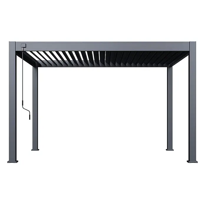 Weide Pergola Deluxe Plus freistehend Aluminium 3 x 4 m Anthrazit - B x T: 400 x 300 cm, Farbe Gestell: Sandpapier FinishAnthrazit / RAL Farbcode 7024, Aluminium - Graue Aluminium-Pergola mit verstellbarem Lamellendach und Handkurbelmechanismus.