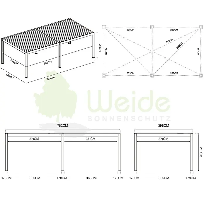 Weide Pergola Deluxe Plus freistehend 4 x 8 m Ivory-Sand Aluminium - Farbe Gestell: Ivory Sand, Aluminium - Technische Zeichnung einer rechteckigen Pergola mit vollständigen Maßen und strukturellen Details aus verschiedenen Perspektiven.