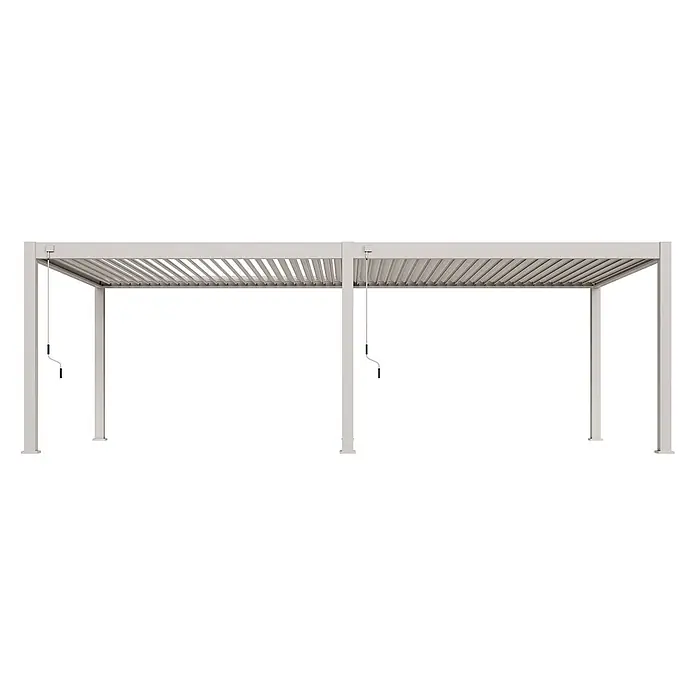 Weide Pergola Deluxe Plus freistehend 4 x 8 m Ivory-Sand Aluminium - Farbe Gestell: Ivory Sand, Aluminium - Helle Aluminium-Pergola mit verstellbarem Lamellendach, gesteuert durch zwei Handkurbeln für vielseitigen Schatten.