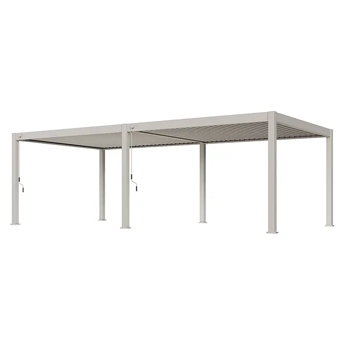 Weide Pergola Deluxe Plus freistehend 4 x 8 m Ivory-Sand Aluminium - Farbe Gestell: Ivory Sand, Aluminium - Hellgraue Lamellenpergola mit verstellbaren Dachlamellen, bedient durch zwei Kurbelgriffe.