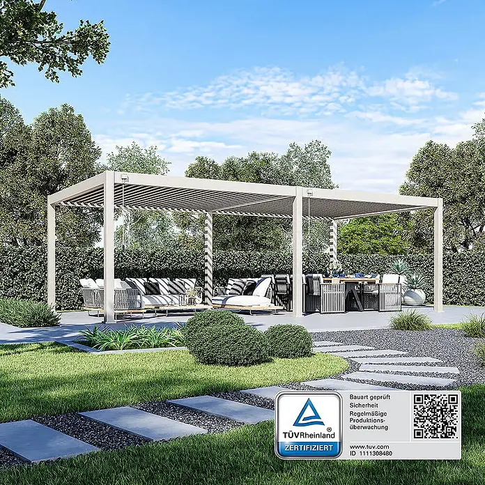 Weide Pergola Deluxe Plus freistehend 4 x 8 m Ivory-Sand Aluminium - B x T: 800 x 400 cm, Farbe Gestell: Ivory Sand, Aluminium - Moderne, hellfarbene Pergola mit verstellbarem Lamellendach, die Lounge- und Essbereiche im Garten beschattet.