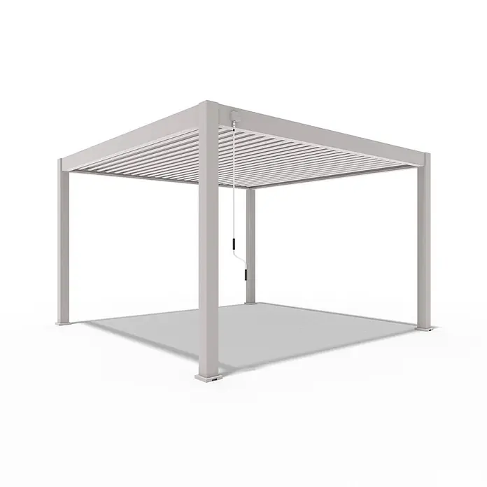 Weide Pergola Deluxe Plus freistehend Aluminium 4 x 4 m Ivory-Sand - B x T: 400 x 400 cm, Farbe Gestell: Sandpapier FinishIvory Sand / RAL Farbcode 7024, Aluminium - Hellgraue Aluminium-Pergola mit verstellbarem Lamellendach, bedient durch eine Kurbel.