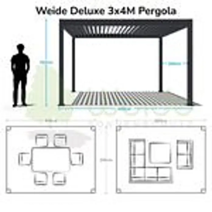Weide Pergola Deluxe freistehend Aluminium 3 x 4 m Ivory-Sand - B x T: 400 x 300 cm, Farbe Gestell: Sandpapier FinishIvory Sand / RAL Farbcode 7024, Aluminium - Schwarze 3x4M Lamellen-Pergola mit Maßen, menschlicher Figur zur Skalierung und Einrichtungsvorschlägen für den Außenbereich.