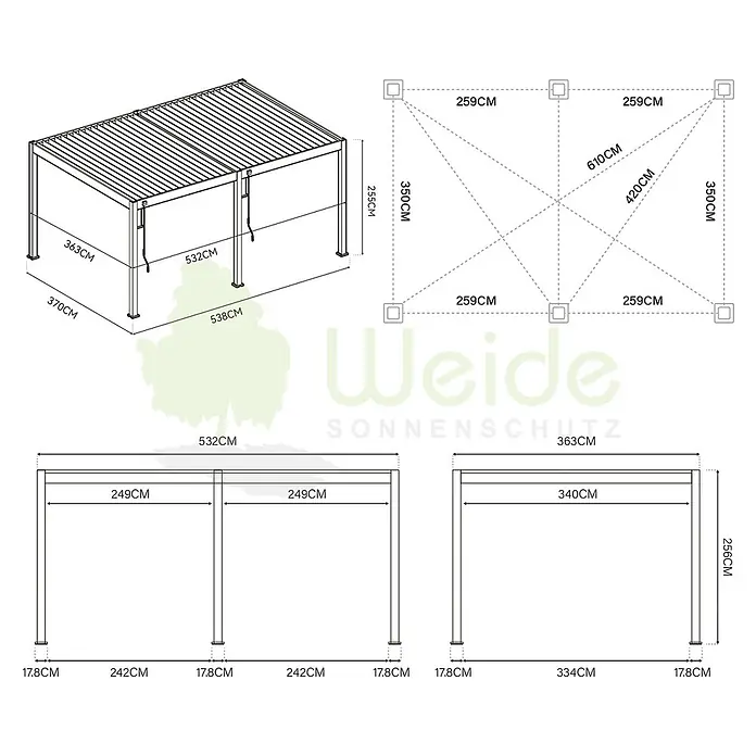 Weide Pergola Deluxe freistehend 3,6 x 5,3 m Anthrazit Aluminium - B x T: 530 x 360 cm, Farbe Gestell: Sandpapier FinishAnthrazit / RAL Farbcode 7024, Aluminium - Technische Zeichnung einer rechteckigen Metall-Pergola mit Lamellendach und detaillierten Maßen.