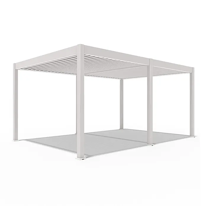 Weide Pergola Deluxe freistehend 3,6 x 5,3 m Ivory-Sand Aluminium - B x T: 530 x 360 cm, Farbe Gestell: Sandpapier FinishIvory Sand / RAL Farbcode 7024, Aluminium - Weiße moderne Aluminium-Bioklimapergola mit verstellbarem Lamellendach und mehreren Stützpfosten.